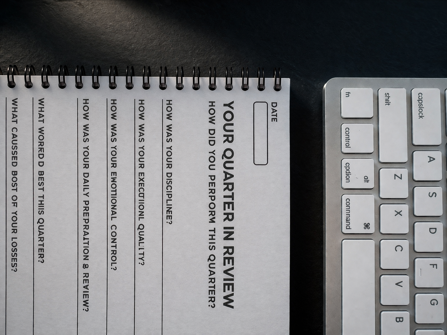 Notebook titled 'Your Quarter in Review' next to a keyboard on a dark surface