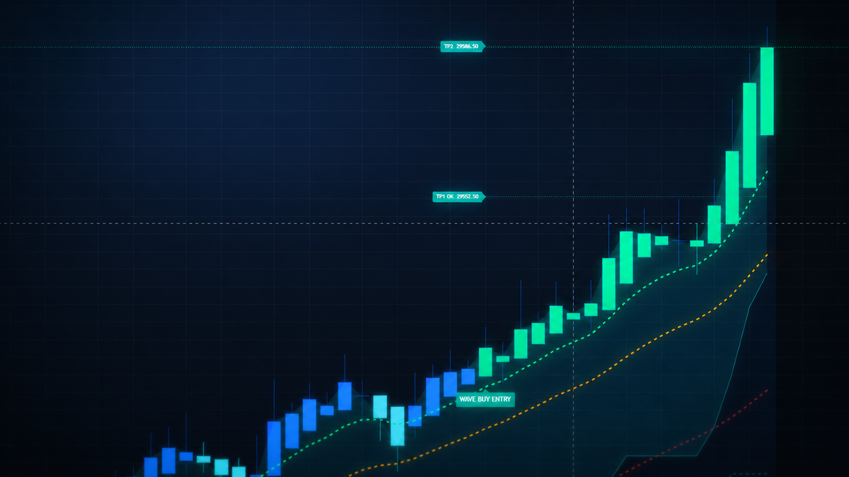Wave Rider indicator marking structure and signals on a chart