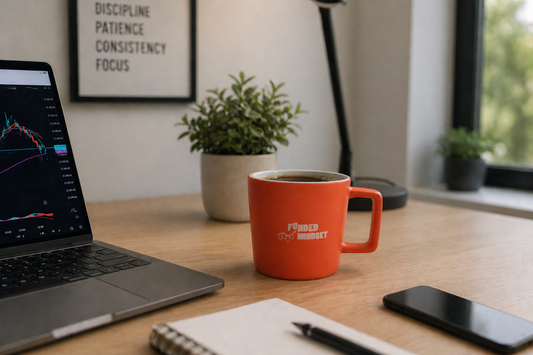 Orange mug with branding on a desk next to a laptop and phone