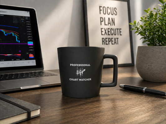 Grey mug with 'Professional Chart Watcher' logo on a desk with a laptop and motivational poster.