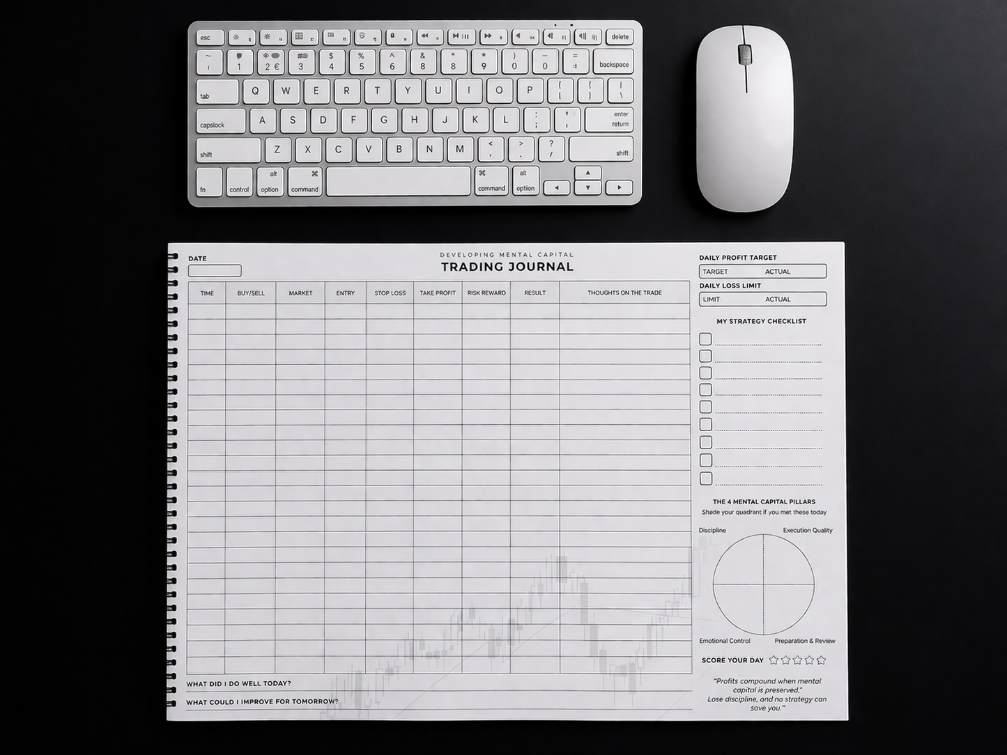 Trading journal on a black surface with a keyboard and mouse above it